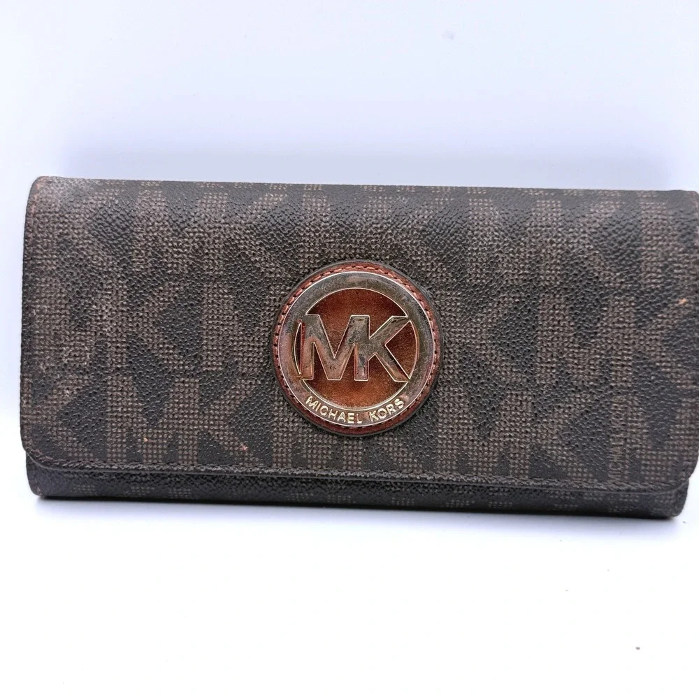 Michael‎ Kors Wallet OS Brown Signature Fulton Flap Continental Monogram Logo